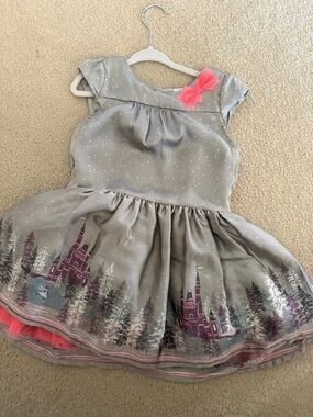 Cherokee Gray Castle Print Dress with Pink Bow Accent